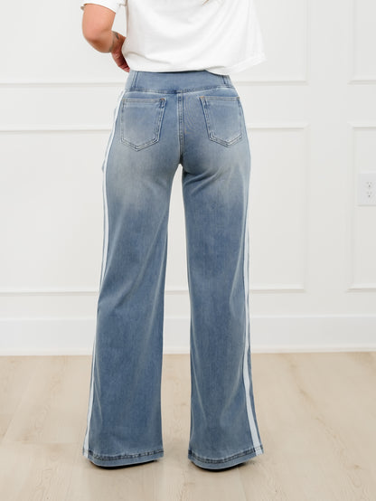 Light Wash Crossover Waist Wide Leg Jeans with Side Stripe