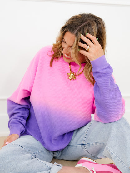 Plus/Reg Dip Dyed Corded Long Sleeve Pullover Top