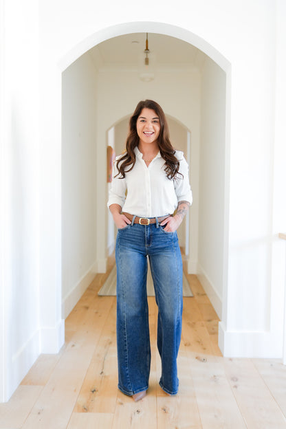 Risen Multi Inseam Dark Wash Wide Leg Seam Front Jeans