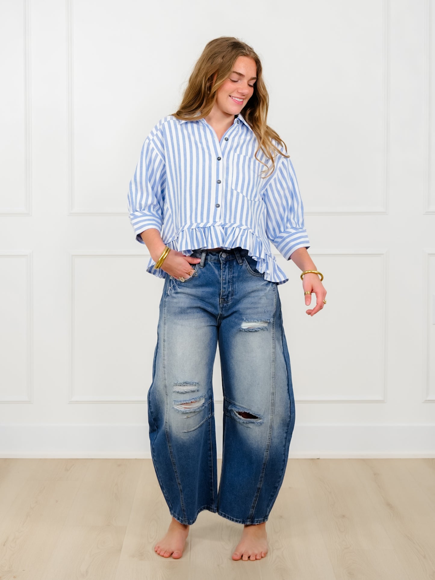 Striped 3/4 Sleeve Button Down Top with Ruffle Hem