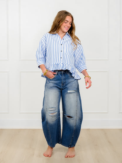 Striped 3/4 Sleeve Button Down Top with Ruffle Hem
