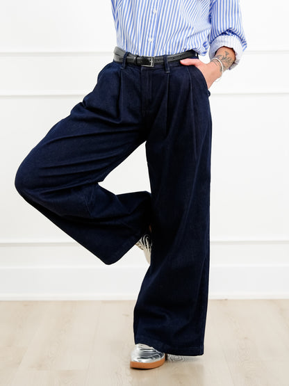 Risen Dark Wash Slouchy Palazzo Pleated Jeans - Freckled Poppy