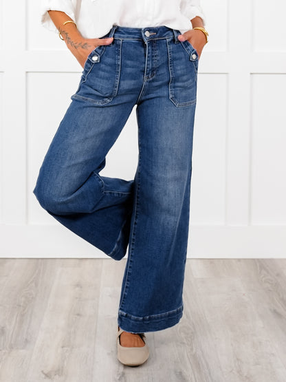 Risen High Rise Dark Wash Ankle Wide Leg Patch Front Pocket Jeans