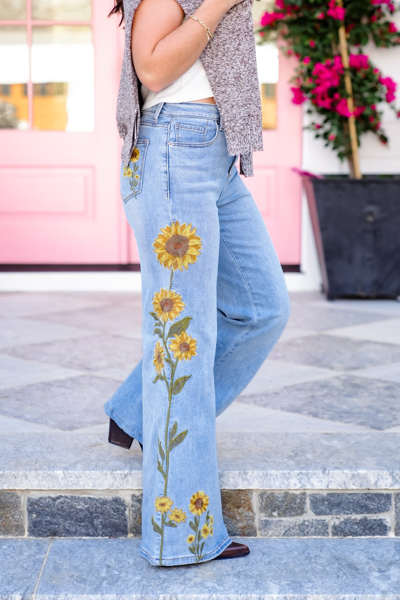Light Wash Embroidered Sunflower Denim Jeans