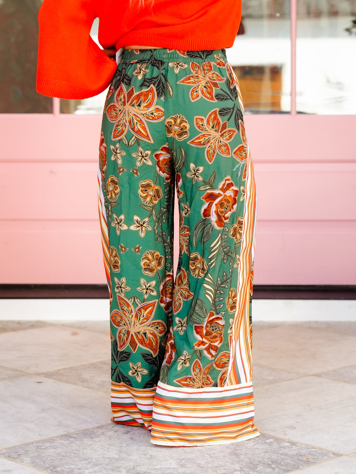 Plus/Reg Floral & Border Print Elastic Waist Wide Leg Pants