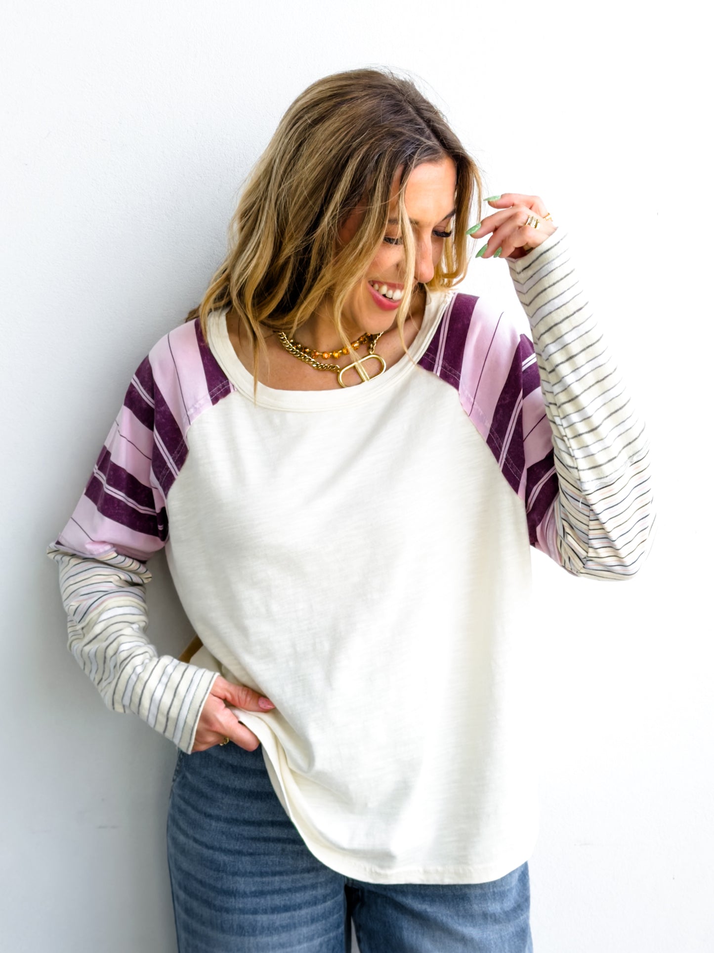 Knit Long Sleeve Round Neck Top with Stripes