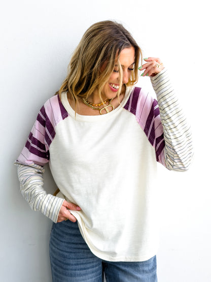 Knit Long Sleeve Round Neck Top with Stripes