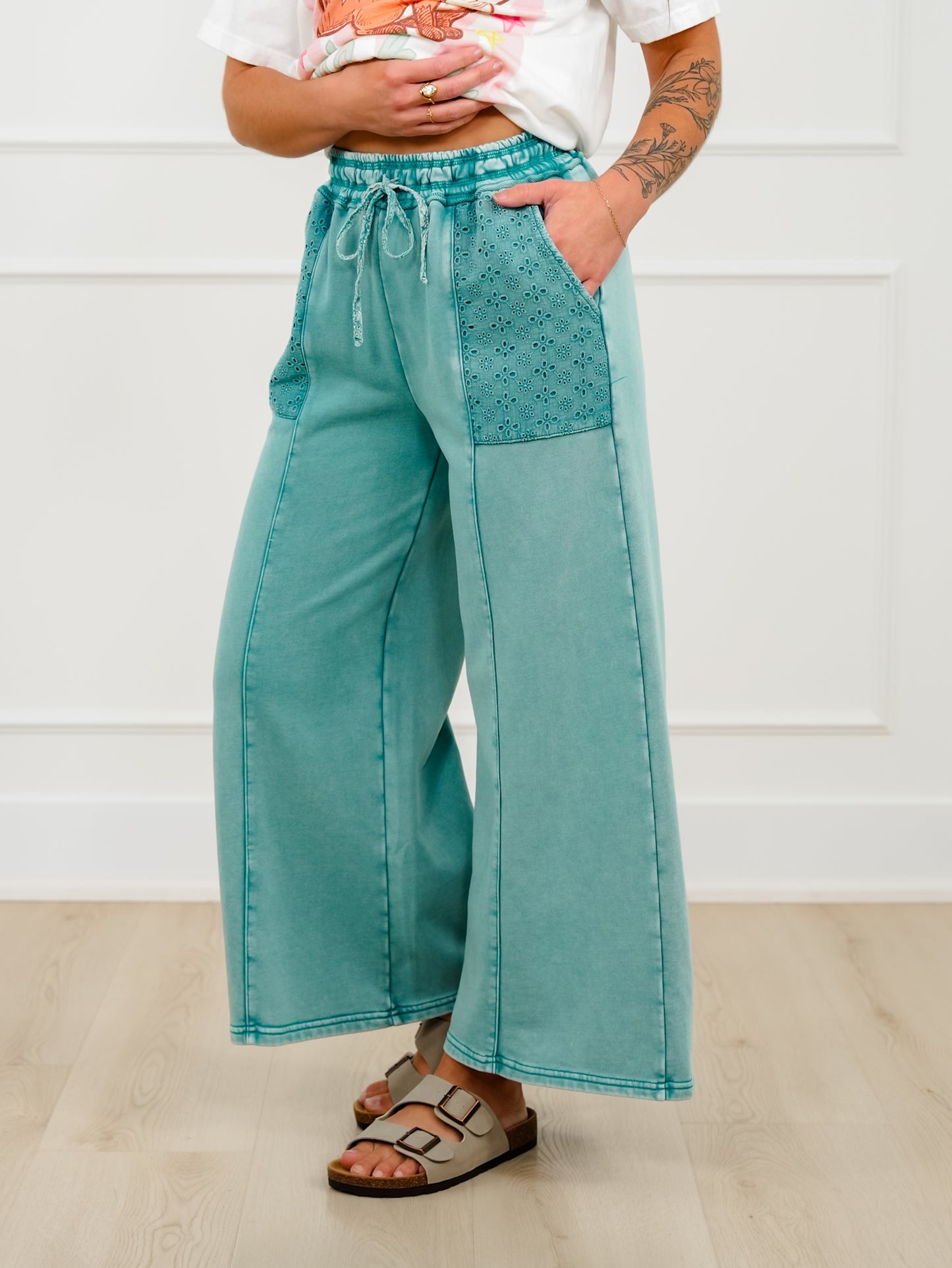 Mineral Wash Elastic Waist Pants with Eyelet Pockets