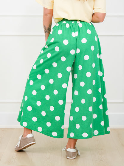Plus/Reg Green Polka Dot Elastic Waist Wide Leg Pants