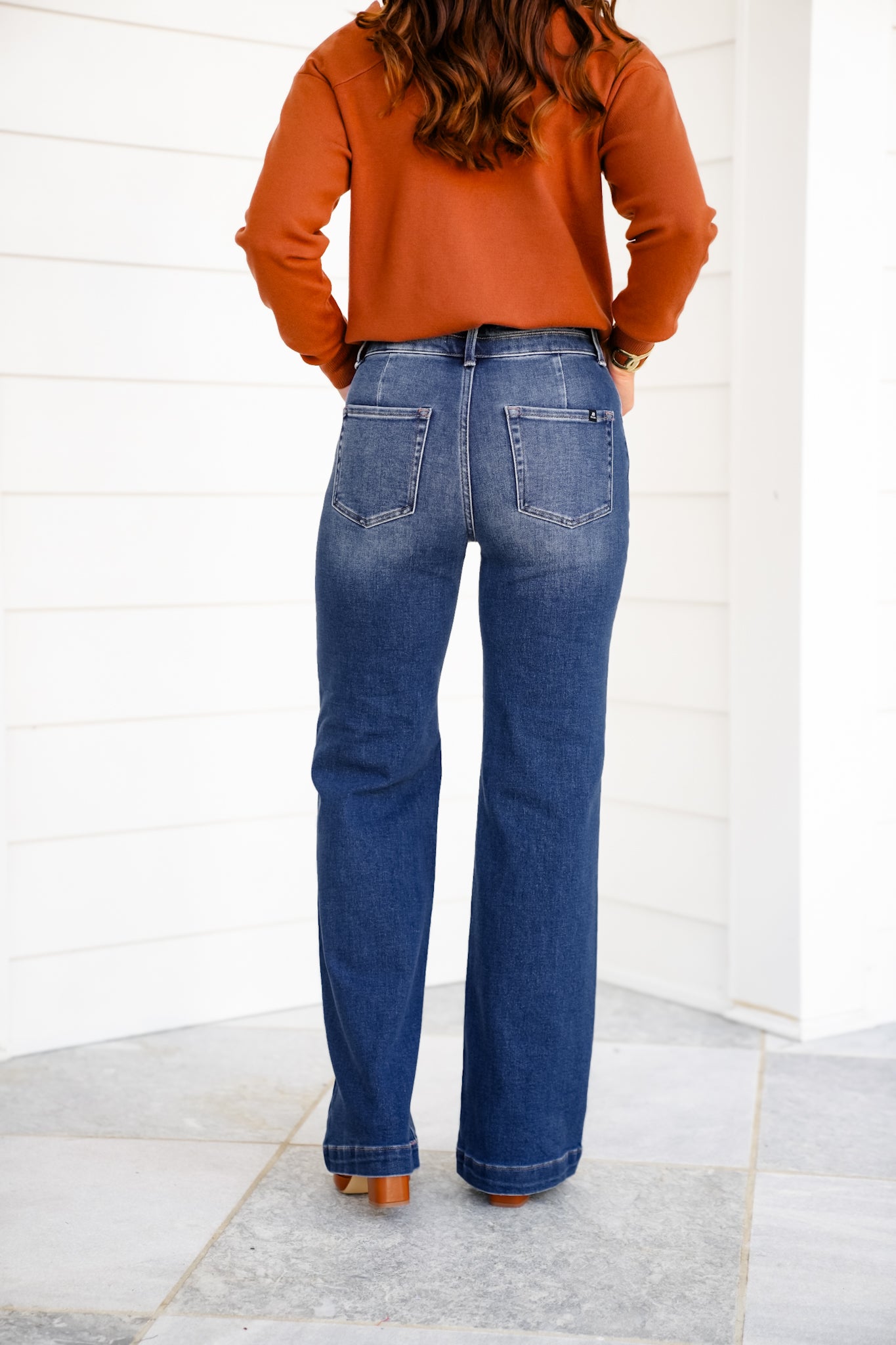 Risen High Rise Dark Wash Double Waistband Wide Leg Jeans