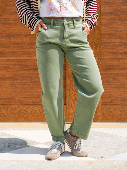 Risen Mid Rise Olive Tummy Control Barrel Jeans - Freckled Poppy