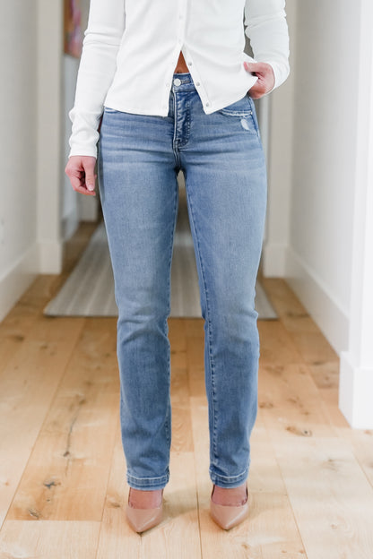 Risen Mid Rise Medium Wash Tummy Control Slim Straight Leg Jeans with Hidden Elastic Waistband