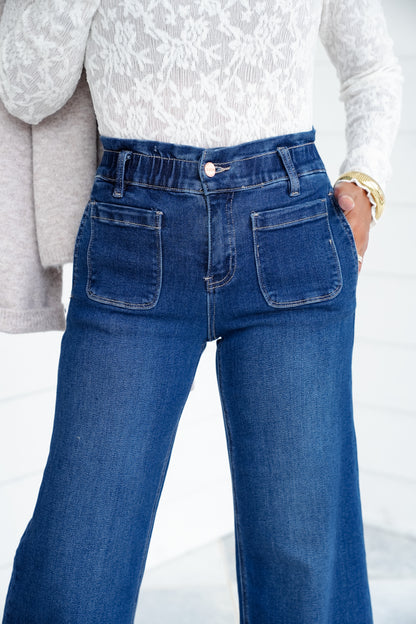 Risen High Rise Dark Wash Elastic Waistband Crop Wide Leg Jeans with Ruffle Band