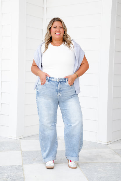 Risen High Rise Light Wash Boyfriend Cuffed Barrel Jeans