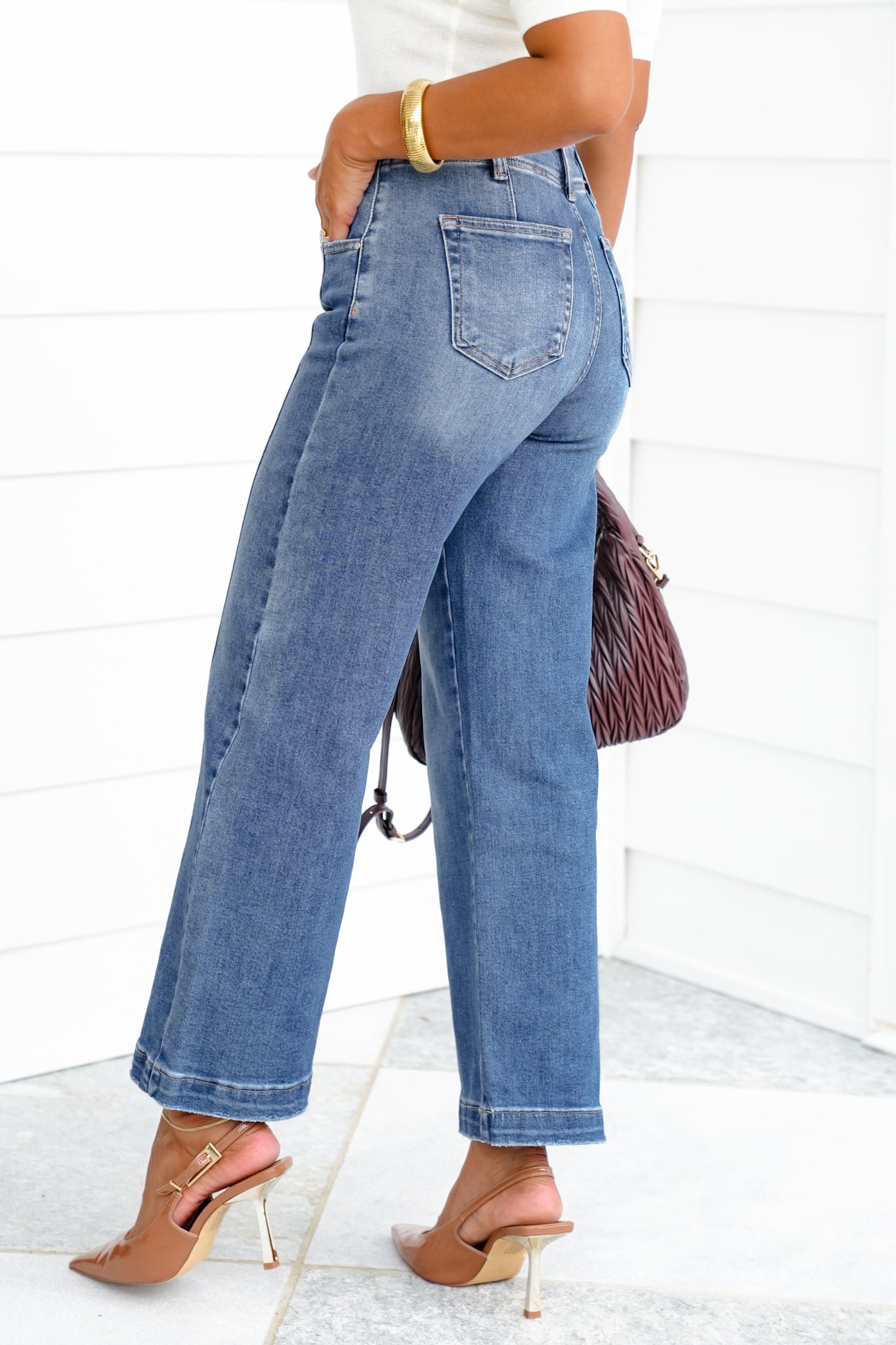 Risen The Statement Straight High Rise Medium Wash Ankle Wide Leg Jeans with Front Seam