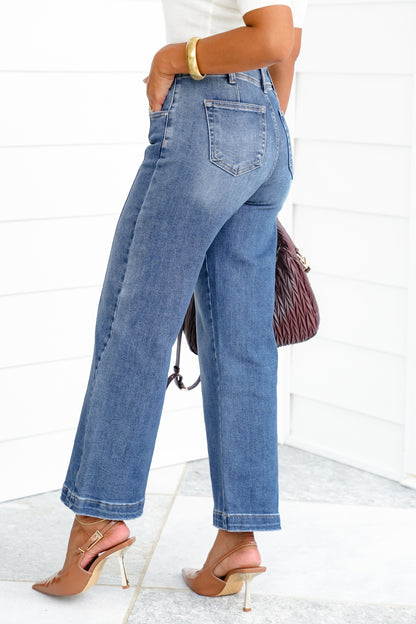 Risen The Statement Straight High Rise Medium Wash Ankle Wide Leg Jeans with Front Seam