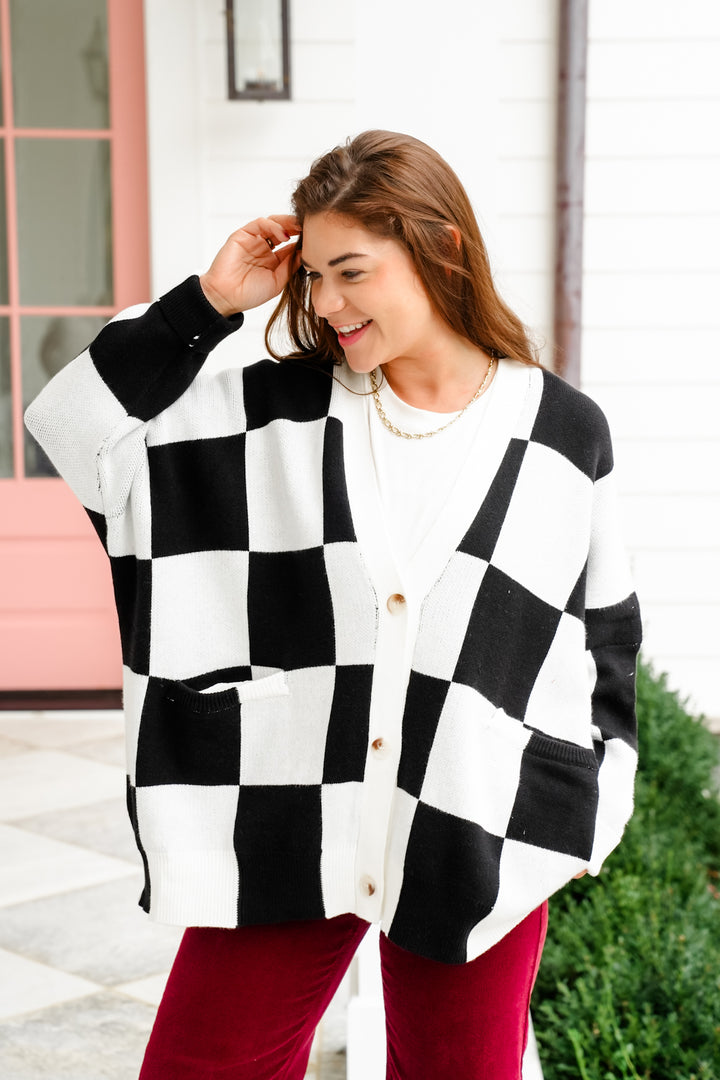 Long Sleeve Button Down Cardigan with Checker Print
