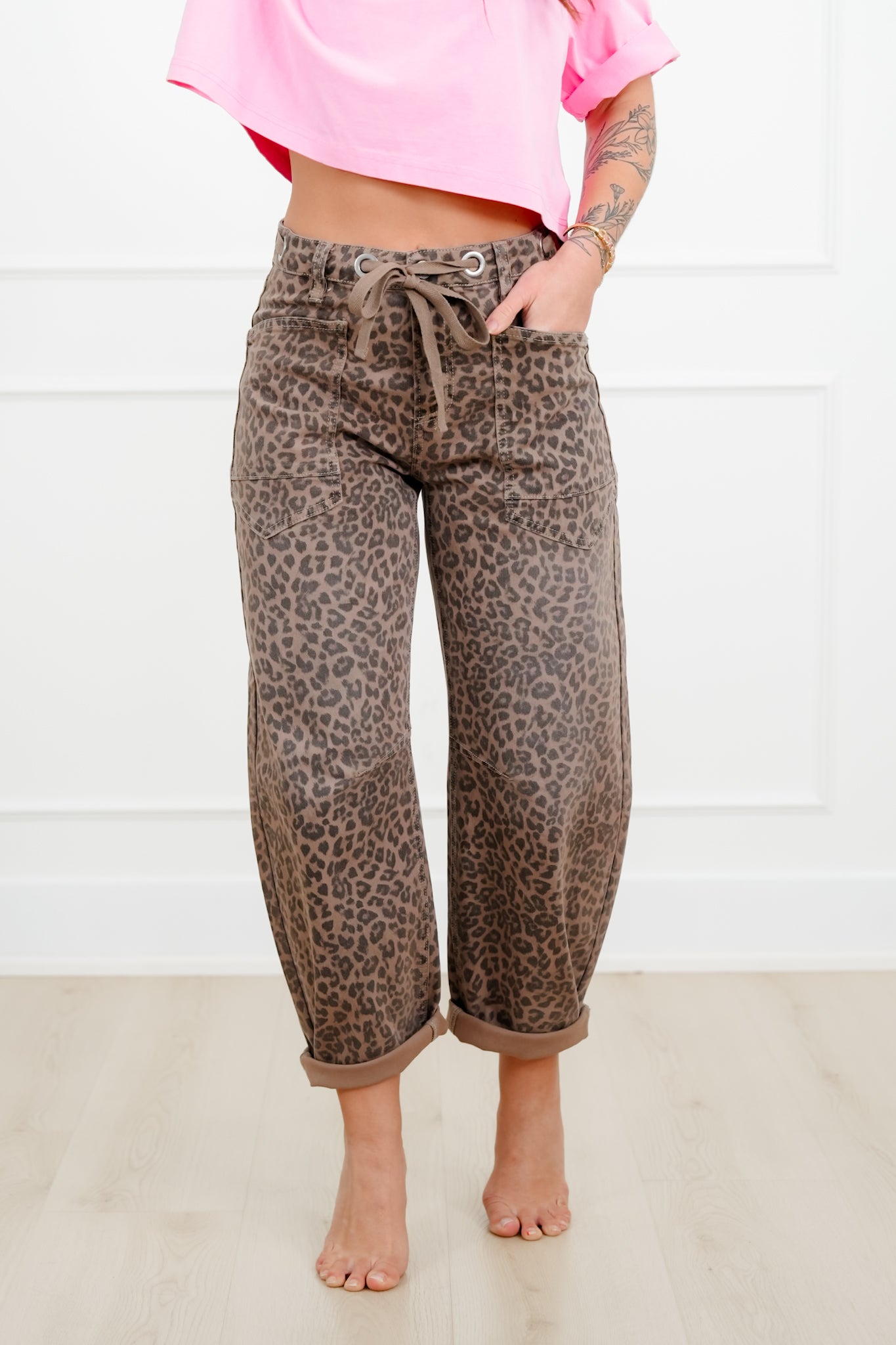 Risen Leopard Slouchy Drawstring Waistband Barrel Jeans