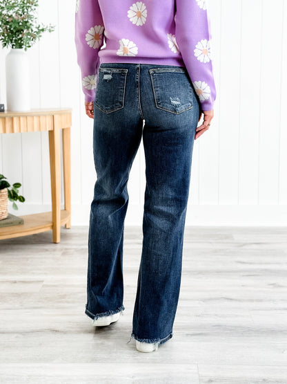 Judy Blue Jagged Little Pill High Rise Dark Wash 90's Destroyed Knee Straight Leg Jeans