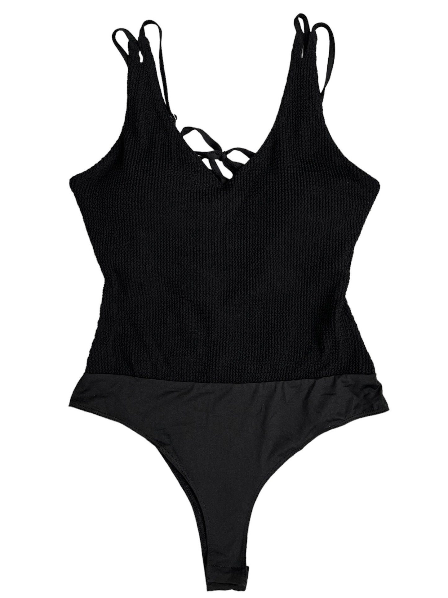 Plus/Reg Black Textured Sleeveless Bodysuit with Lace Up Back Detail