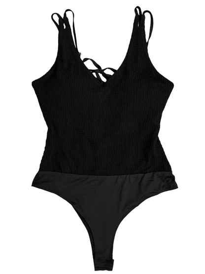 Plus/Reg Black Textured Sleeveless Bodysuit with Lace Up Back Detail