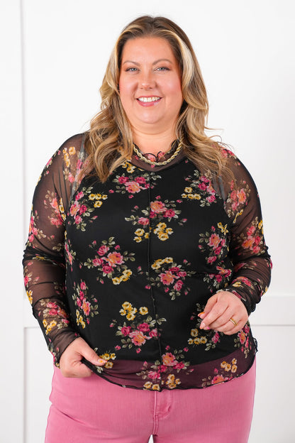 Plus/Reg Floral Long Sleeve Mock Neck Mesh Top