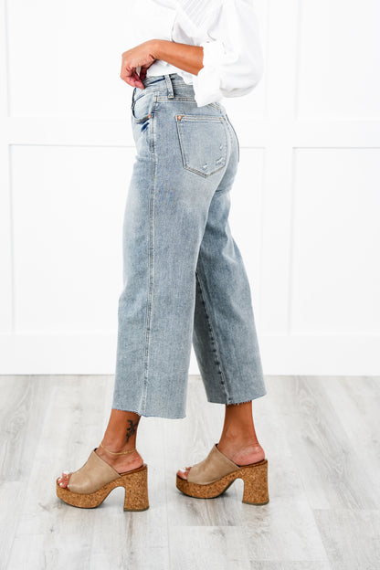 Judy Blue The Olivia Mid Rise Light Wash Tummy Control Raw Hem Cropped Wide Leg Jeans