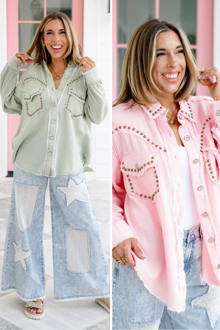 POL Gauze Long Sleeve Button Down Shacket with Stud Detail - More Colors!