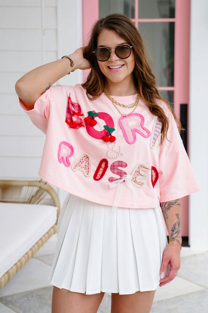 Short Sleeve "Born & Raised" Patchwork Crop Top