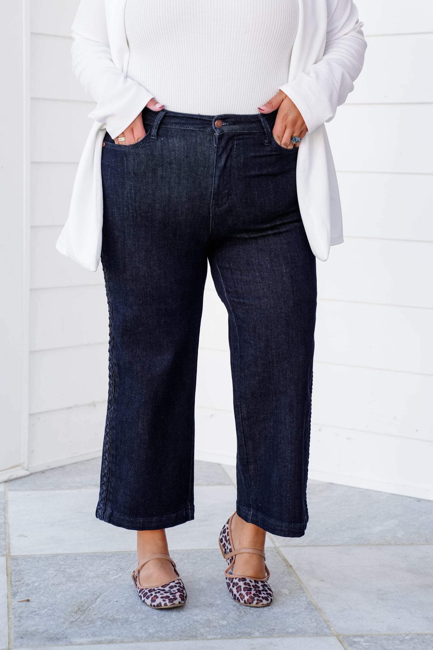 Judy Blue High Rise Dark Wash Cropped Jeans with Side Seam Braid Detail