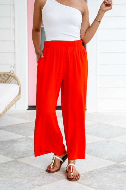 Solid Woven Elastic High Waist Wide Leg Pants