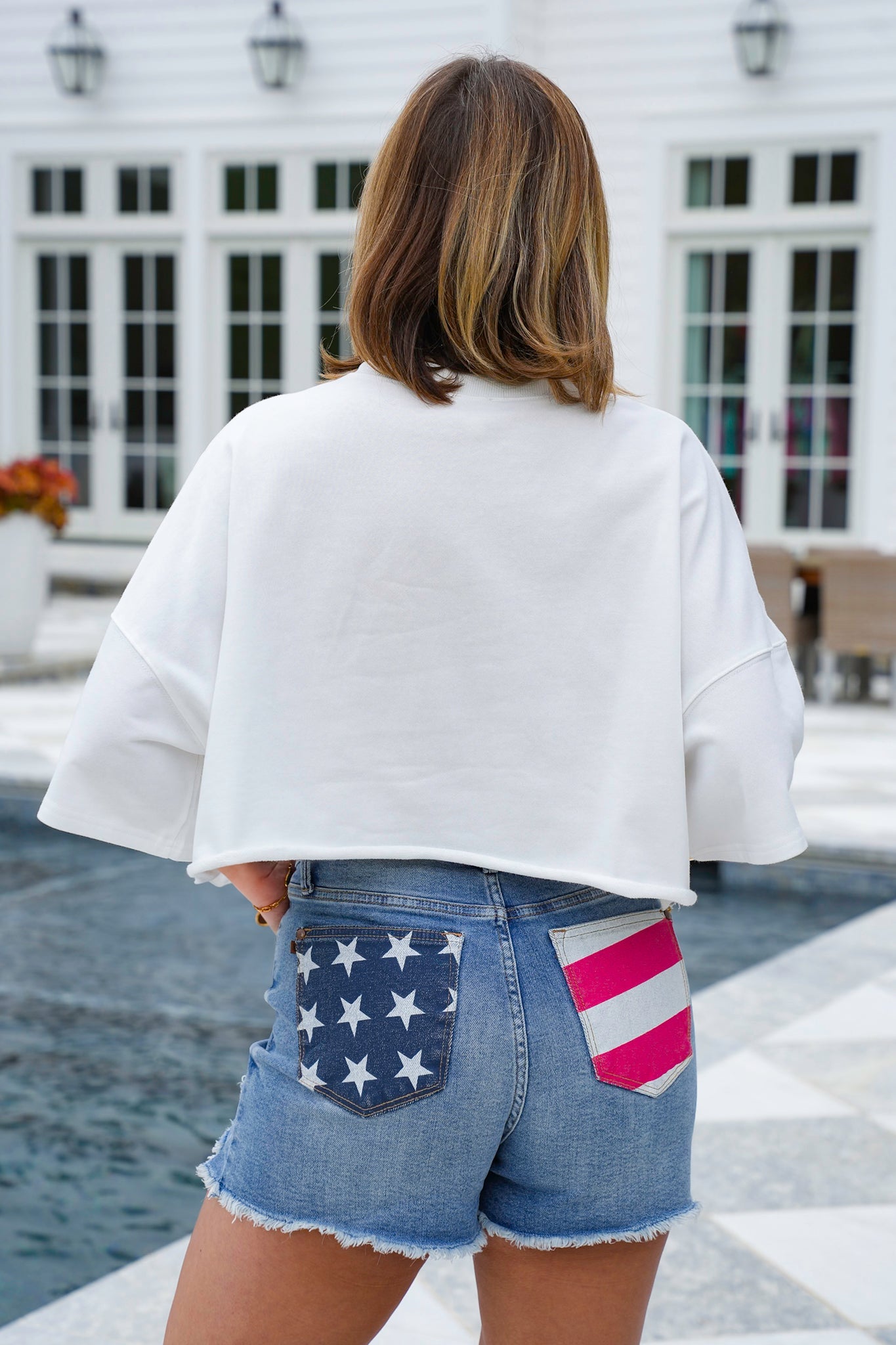 Short Sleeve Cropped Tee Shirt with Sequin American Flag Cupcake Detail