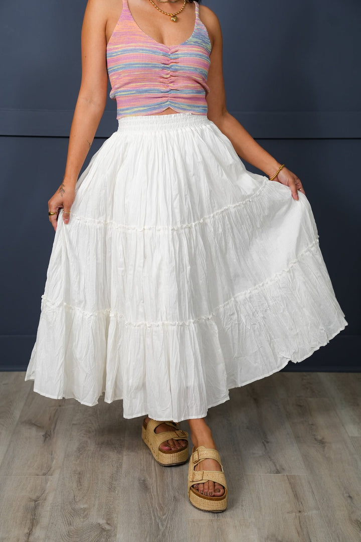 White Crinkle Elastic Waist Tiered Midi Skirt with Side Pockets
