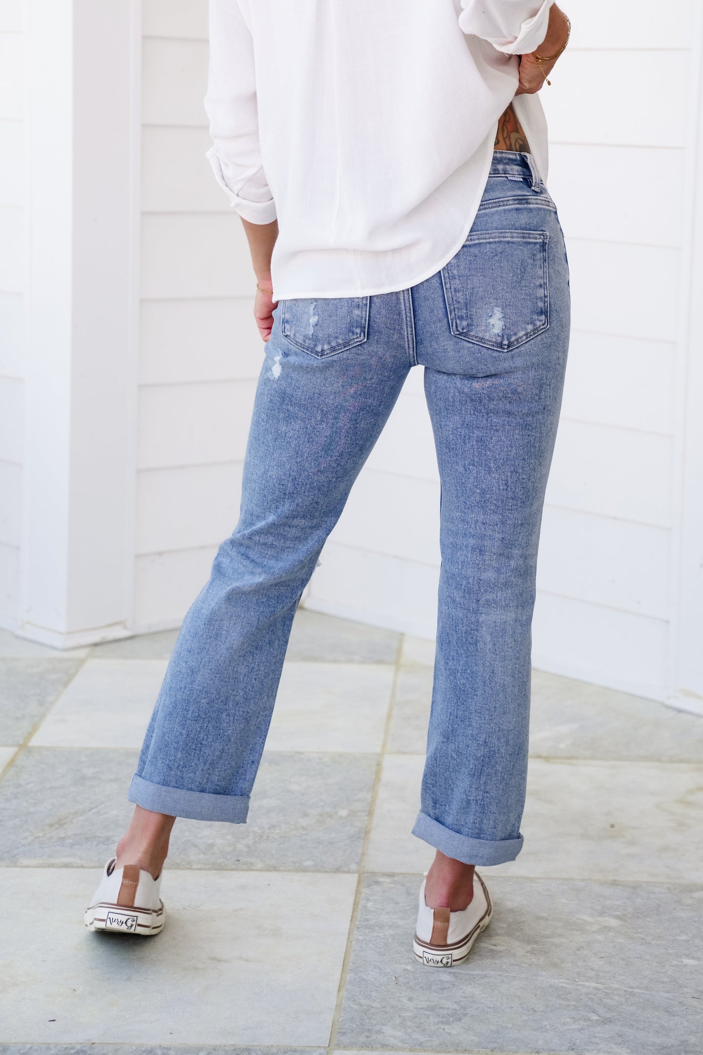 Risen High Rise Light Wash Tummy Control Distressed Ankle Straight Leg Jeans with Double Roll