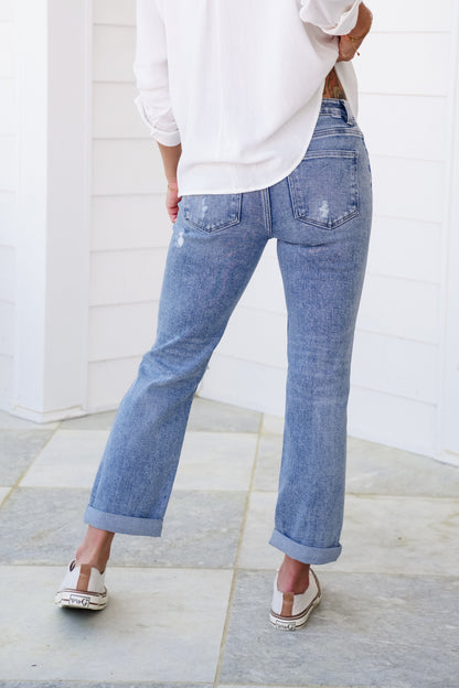 Risen High Rise Light Wash Tummy Control Distressed Ankle Straight Leg Jeans with Double Roll