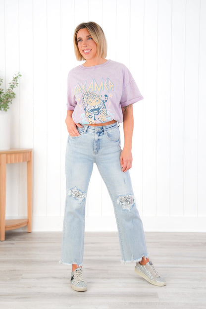 Risen High Rise Acid Wash Sequin Knee Patches Relaxed Straight Leg Jeans