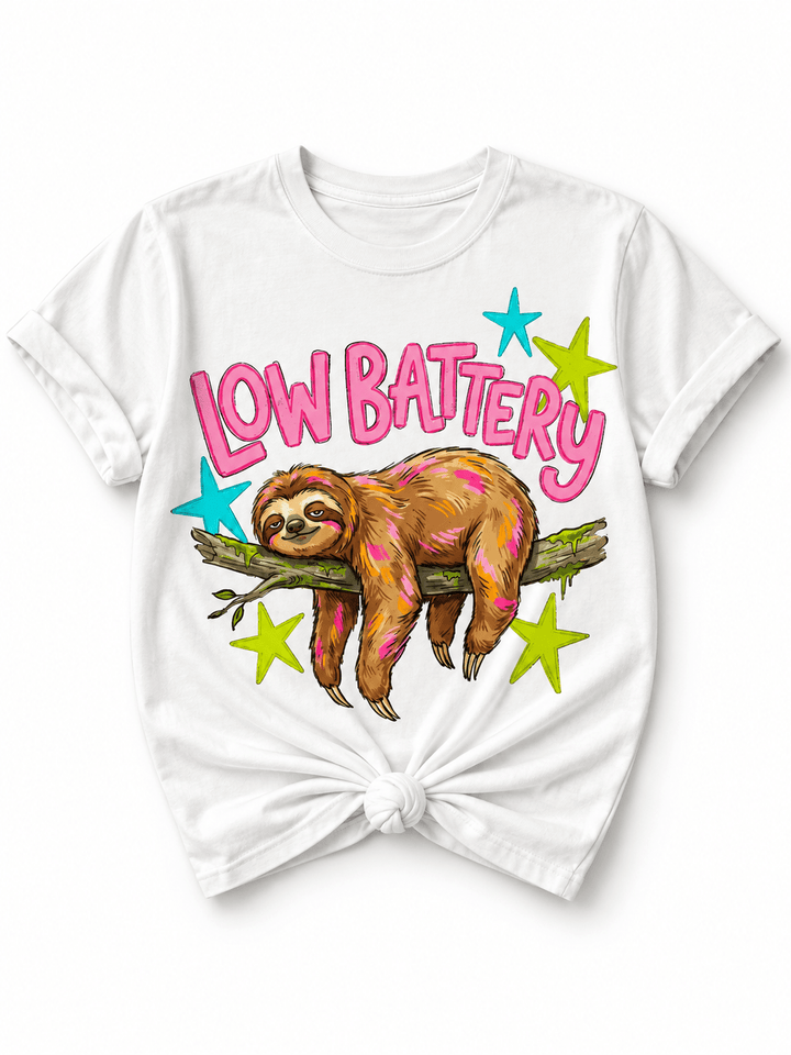 Plus/Reg Short Sleeve "Low Battery" Sloth Graphic Tee - Freckled Poppy
