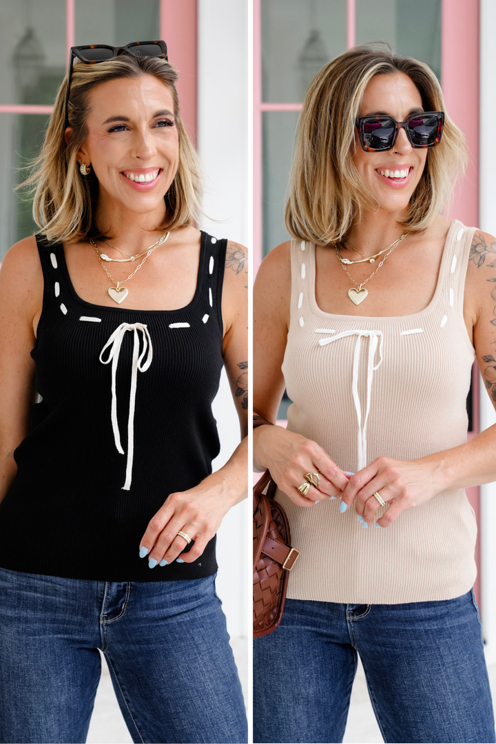 Plus/Reg Sleeveless Scoop Knit Top with Stitching Detail