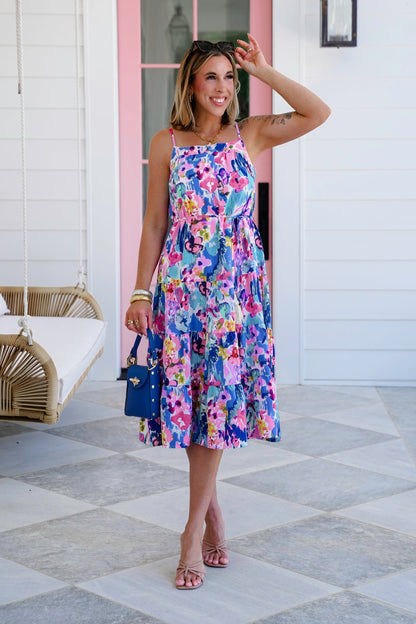 Abstract Floral Print Sleeveless Button Up Belted Tiered Midi Dress