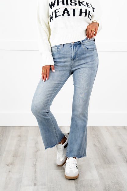 Mica High Rise Light Wash Uneven Hem Cropped Flare Jeans