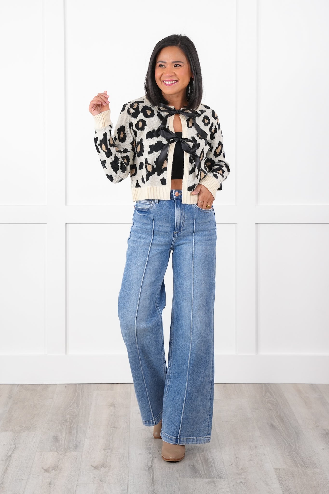 Risen High Rise Medium Wash Pintuck Detailed Wide Leg Jeans