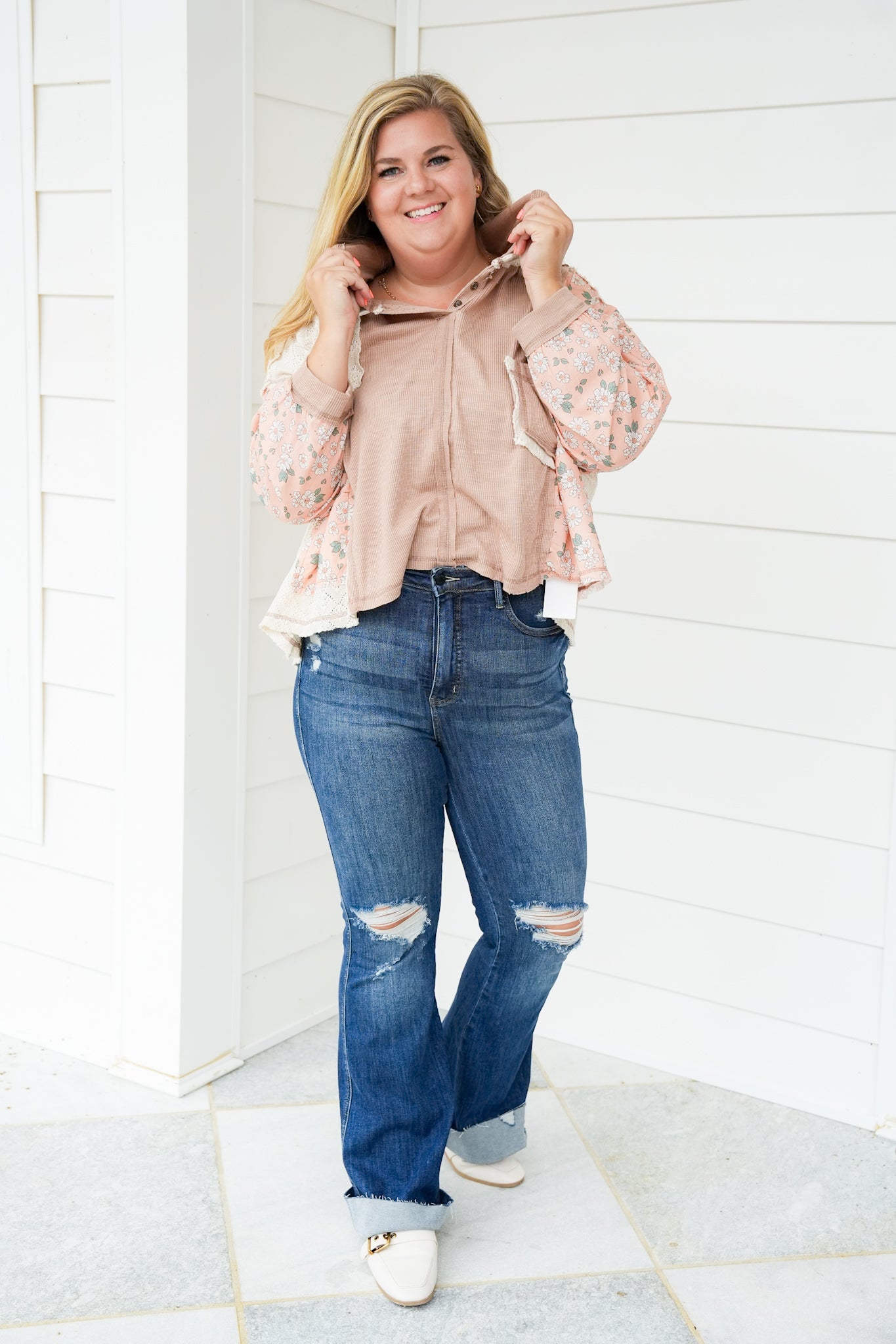 POL Long Sleeve Pullover Hoodie Top with Floral Detail