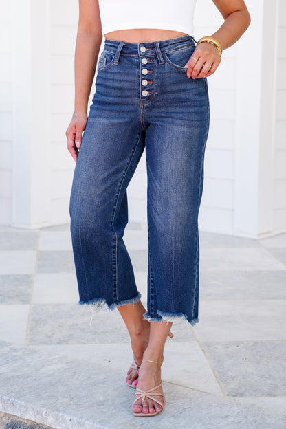 Judy Blue High Rise Medium Wash Button Fly Distressed Hem Cropped Wide Leg Jeans