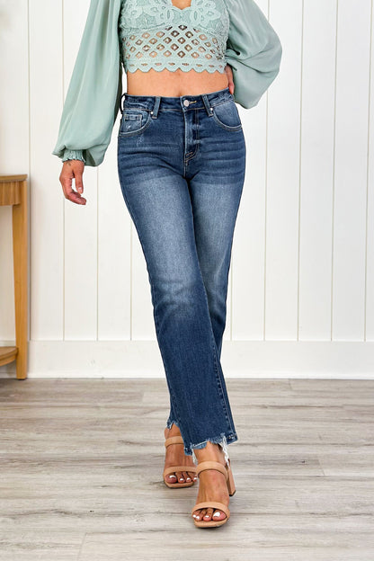 Risen Cropped to Perfection High Rise Dark Wash Relaxed Straight Leg Jeans