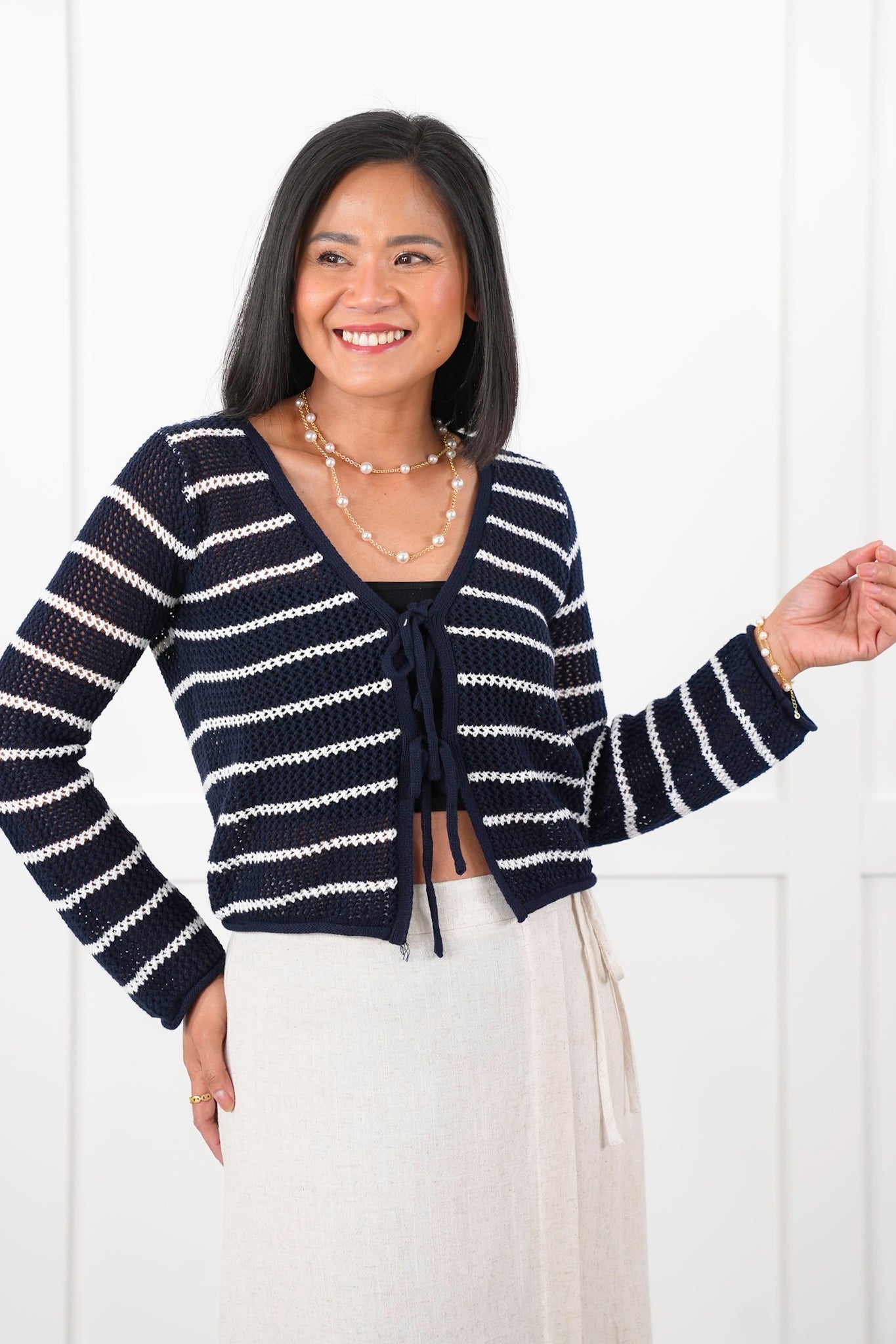 Striped Crochet Long Sleeve Cardigan with Front Tie Detail