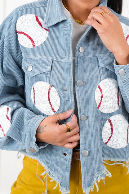 Vintage Wash Corduroy Jacket with Sequin Baseball Patch Detail
