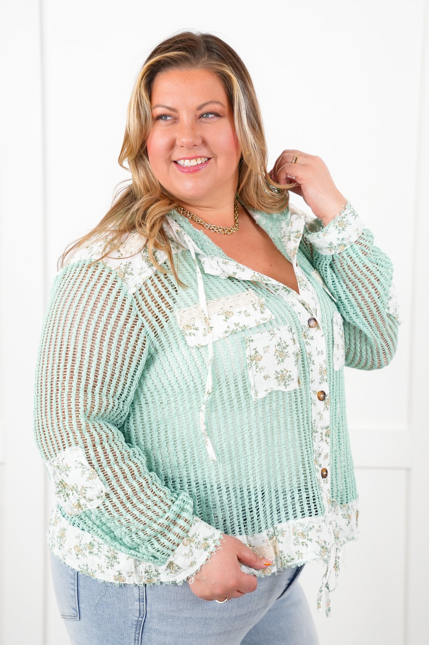 POL Crochet Long Sleeve Button Down Hooded Jacket with Floral Detail