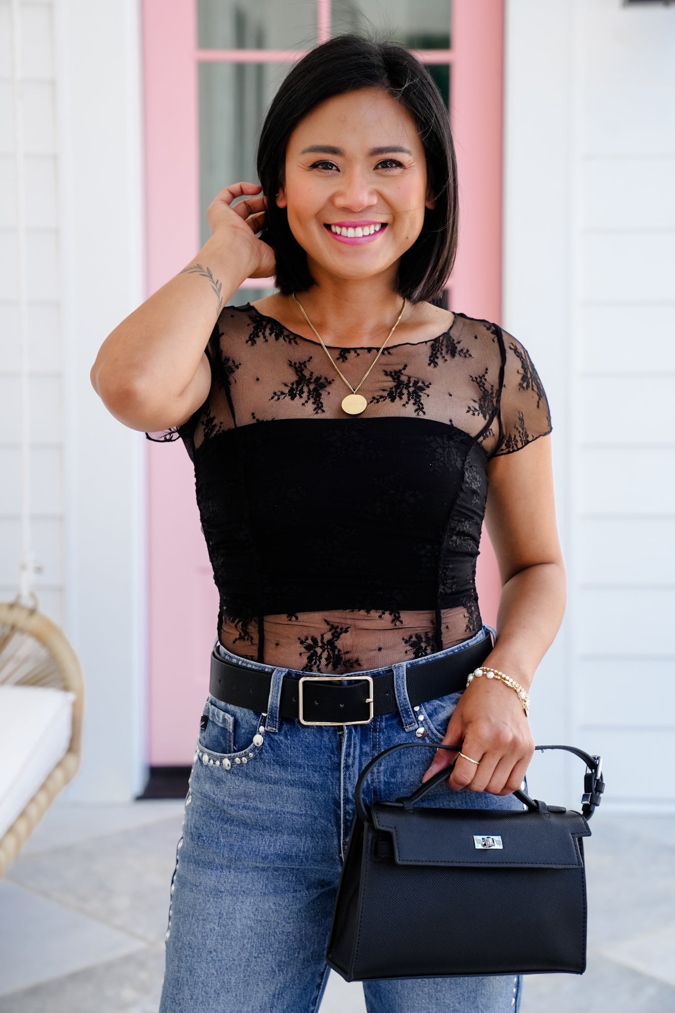 Floral Mesh Short Sleeve Top with Ruching Detail