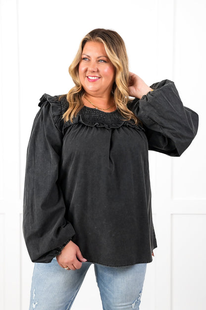 Plus/Reg Mineral Wash Long Sleeve Smocked Neck Top