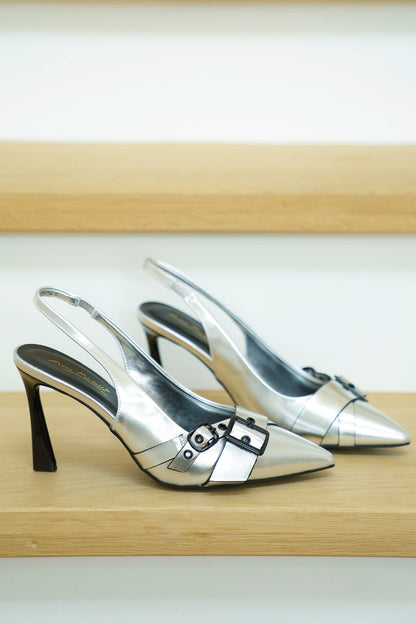 Metallic Pointed Toe Slingback Heels